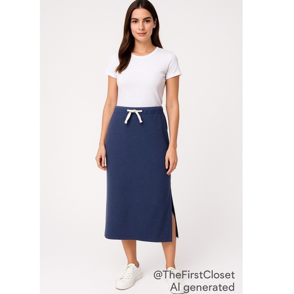 New York & Company Skirt Womens Large Navy Blue Knit Maxi Slit Elastic Waist